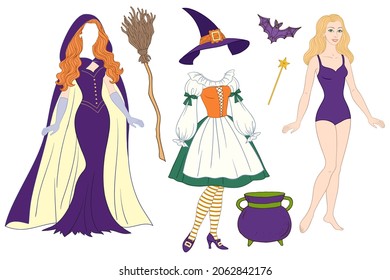 Vintage Paper Doll With Halloween Witch  Costume, Isolated Vector Illustration.