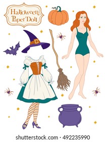 Vintage paper doll with Halloween witch costume, isolated vector illustration.