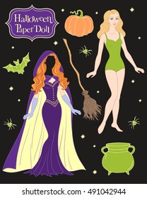 Vintage paper doll with Halloween witch`s  costume, isolated vector illustration.