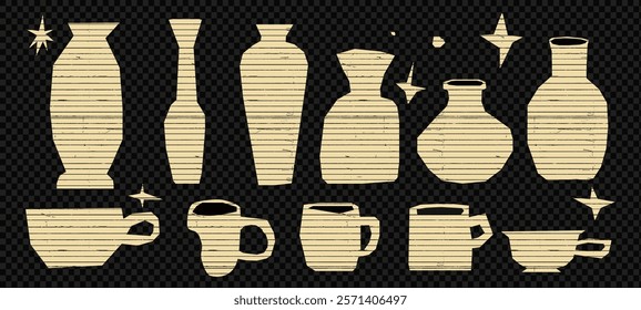 Vintage  paper elements with ceramic vase, cup, sparkle and star details. Naive collage style transparent background at the png, grid texture, and childish cutouts.