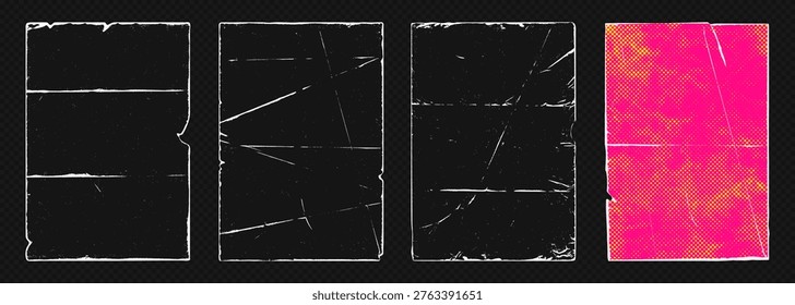 Vintage paper fold frame overlay old worn edge grunge texture collection. Perfect overlay set for retro album cover, old vinyl records, distressed poster design with authentic aged effect.