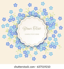 Vintage paper frame with shadow on floral background. Invitation or greeting card design template. Retro background with forget-me-not flowers. Laser cut paper 3d design. Vector illustration.
