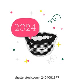 Vintage paper halftone sticker with open mouth and Christmas wishes. Collage style with doodle elements. Speech bubble with text and funny quote. Vector trendy illustration collection.