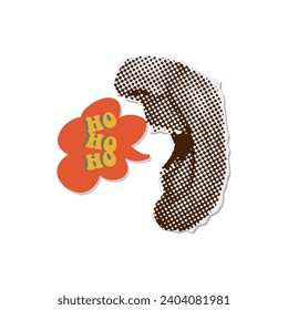 Vintage paper halftone sticker with open mouth and Christmas wishes. Collage style with doodle elements. Speech bubble with text and funny quote. Vector trendy illustration collection.