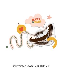 Vintage paper halftone sticker with open mouth and Christmas wishes. Collage style with doodle elements. Speech bubble with text and funny quote. Vector trendy illustration collection.