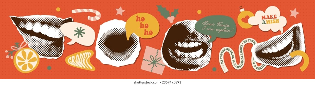 Vintage paper halftone stickers set with Christmas wishes. Collage style with doodle elements. Speech bubble with text and funny quotes. Vector trendy illustration collection.