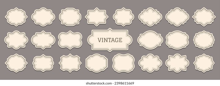 Vintage paper label set. Decorative retro blank frames. Premium quality product cardboard shop price tag sticker empty shapes. Elegant royal emblem, wedding invitation card, patch badge signboard