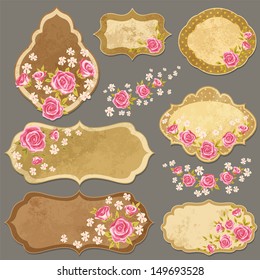 Vintage Paper Labels Set With Rose In Shabby Chic Style. Vector Illustration With Paper Elements And Flowers.