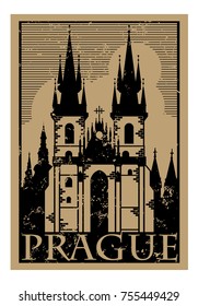 Vintage paper landmarks travel label with Prague architecture view. Vector illustration