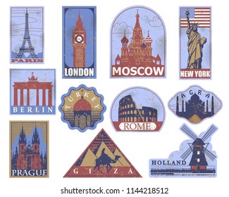 Vintage paper landmarks travel labels. Stickers of travel: Paris, London, New York, Moscow, Berlin, Rome, Agra, Prague, Holland, Giza, Turkey. 