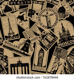 Vintage paper landmarks travel labels seamless pattern background. Travel stickers of cities: Paris, London, New York, Moscow, Berlin, Rome, Rio de Janeiro, 
Prague. Vector illustration.