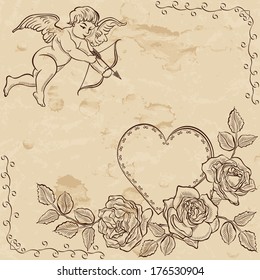 Vintage paper with lovely cupid. Beautiful ornament of renaissance epoch. Valentine background. Vector illustration.