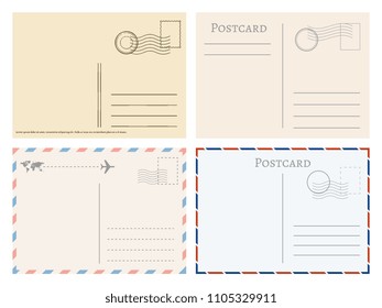 Vintage paper postal cards. Greetings from postcard vector template. Postage card, vintage post stamp, postal postmark for mail illustration
