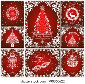 Vintage paper red cards collection for Christmas and New year greetings with hanging bell, ball, xmas tree, Christmas wreath, deer, masquerade masque,  snowflakes and decorative floral borders