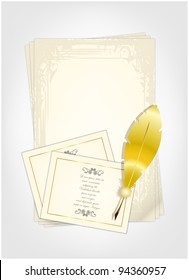 Vintage paper with retro cards and gold feather