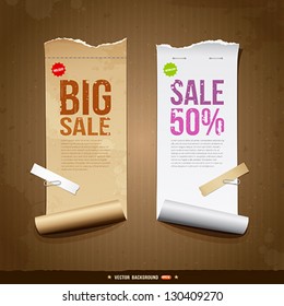 Vintage paper roll ripped brown paper and white paper for business design, vector illustration