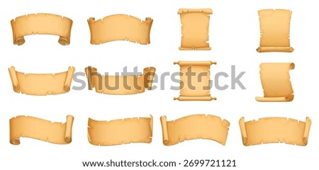 Vintage paper scroll, old manuscript, ancient treasure map parchment, antique papyrus. Isolated vector time-worn relics or artifacts evoke a sense of history, mystery, adventure, and weight of time