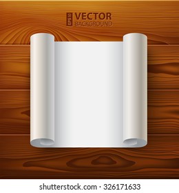 Vintage paper scroll template with realistic shadow on brown wood texture background. RGB EPS 10 vector illustration