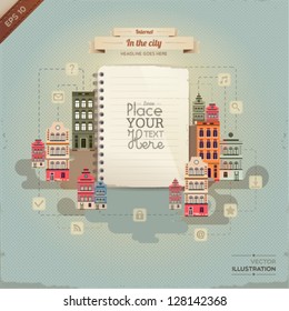 Vintage paper with set of network icons in the city.(lined paper or note paper). EPS10