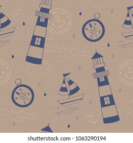 Vintage paper with ship, compass, lighthouse. A vintage, modern, and flexible pattern for brand who has mature and fun style. Repeated pattern. Happy, retro, and nautical mood.