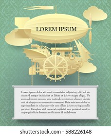 Vintage paper steam punk template with a complex fantastic flying ship on classic background. Web page design in retro style. Vector Illustration