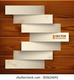 Vintage paper stripe banners arrow on brown wooden texture background. RGB EPS 10 vector illustration