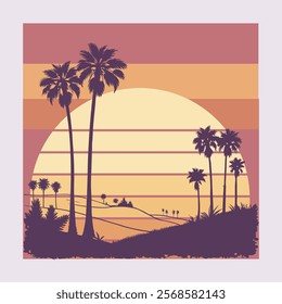 Vintage Paradise: Retro Palm Tree Aesthetics. Vintage palm tree silhouette against a neon sunset.
