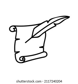 Vintage parchment and feather ink pen icon. Hand drawn vector illustration.