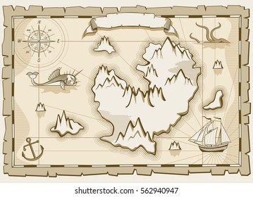 Vintage parchment vector brown map. Paper parchment with ancient map illustration