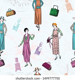 Vintage Paris Ladies Fashion Vector Seamless Pattern with Liquor Bottles Handbags in Background of French Calligraphy Flowers Birds and Butterflies. Great for wallpaper wrapping paper Fabric patterns.