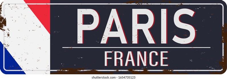 Vintage Paris Travel vacation poster metal sign with flag