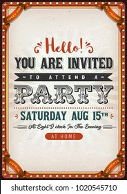 Vintage Party Invitation Card/
Illustration of a birthday party invitation vintage card, with textured background and circus like elements