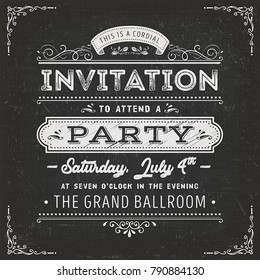 Vintage Party Invitation Card On Chalkboard/
Illustration of a vintage fabric textured poster with invitation message to a party, with floral patterns and hand-drawned corners on chalkboard background