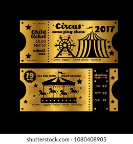 Vintage party invitation. Retro circus carnival ticket template Vector golden tickets isolated on black background. Illustration of coupon and announcement