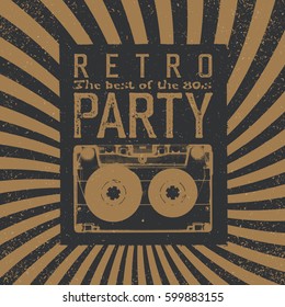 Vintage Party Leaflet Template. Radial Rays Background, Black And Beige Colors. Audiocassette Retro Symbol 