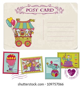 Vintage Party Postcard and Circus Postage Stamps - for invitation, congratulation, scrapbook