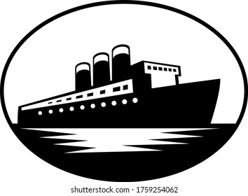 Vintage Passenger Boat or Ocean Liner Oval Retro Black and White