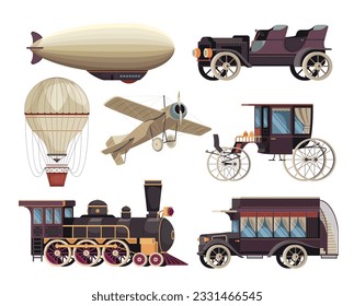 Vintage passenger carriage set with car and balloon realistic isolated vector illustration