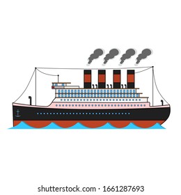 Vintage passenger ocean steamship in cartoon style on white background.