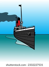 A vintage passenger steamer crosses the Atlantic Ocean. Vector image for prints, poster and illustrations.