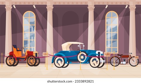 Vintage passenger transport in the museum. Historical first cars, motorcycles. Retro transport for driving. Vector illustration