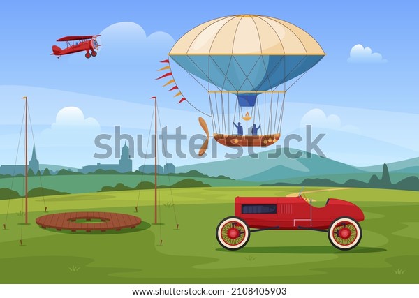 Vintage passenger transportation at summer lawn\
nature park vector flat illustration. People flying at hot air\
balloon aerostat, airplane corn cob, retro classic car automobile.\
Outdoor sports hobby