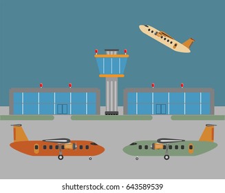 Vintage  Passenger turboprop Airplane and Airport Layout  Vector Illustration