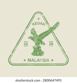 Vintage passport stamp featuring Dataran Lang landmark in Langkawi, Kedah, Malaysia. Grunge travel badge with eagle monument illustration in triangular stamp design.
