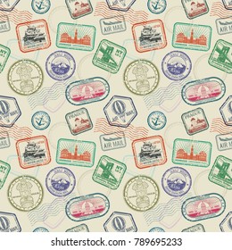 Vintage passport travel stamps vector seamless pattern. Colored stamp to passport pattern illustration