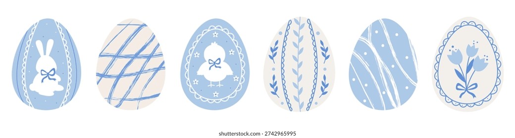 Vintage pastel blue Easter egg set with spring decorative floral ornaments
