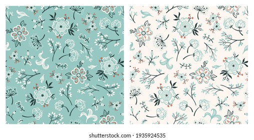 Vintage Pastel Color Flowers and Leaves. Vector Set of Spring Floral Seamless Patterns. Summer Flower Backgrounds with Outline Wildflowers