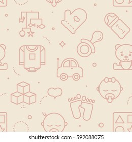 Vintage pastel color seamless baby pattern. Baby line icons illustration background.