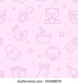 Vintage pastel color seamless baby pattern. Baby line icons illustration background.