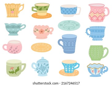 Vintage Pastel Color Tea Cup Doodles Vector Illustration